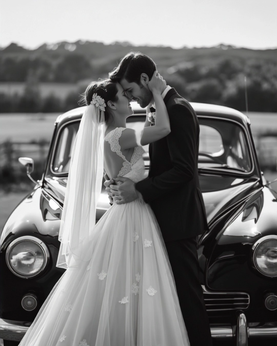 Pose-Idee: Brautpaar am Hochzeitsauto