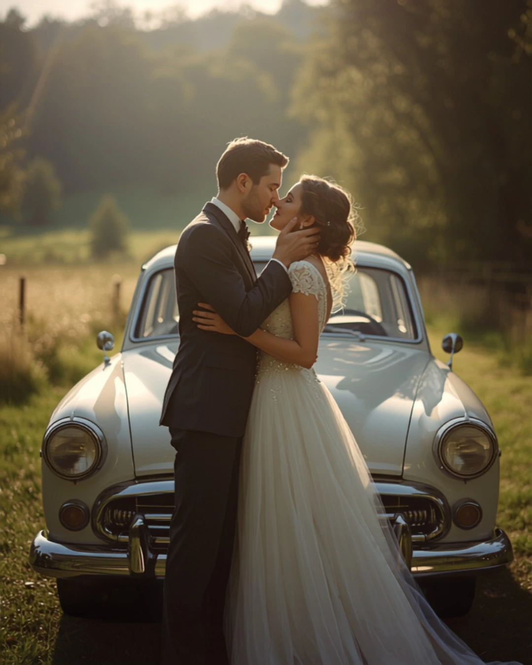 Pose-Idee: Brautpaar am Hochzeitsauto