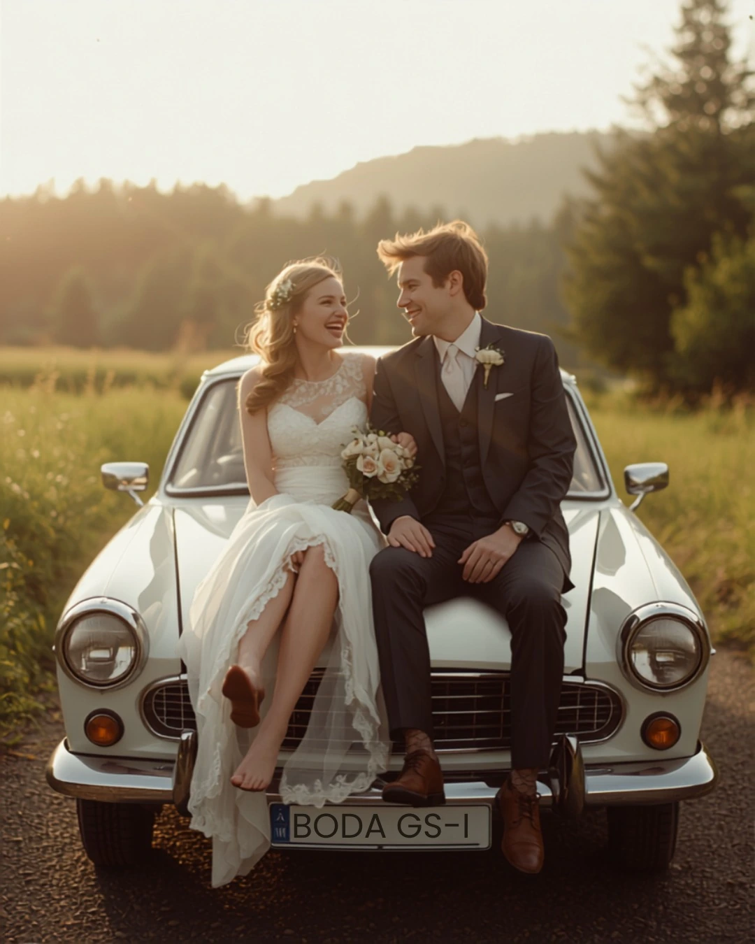 Pose-Idee: Brautpaar am Hochzeitsauto