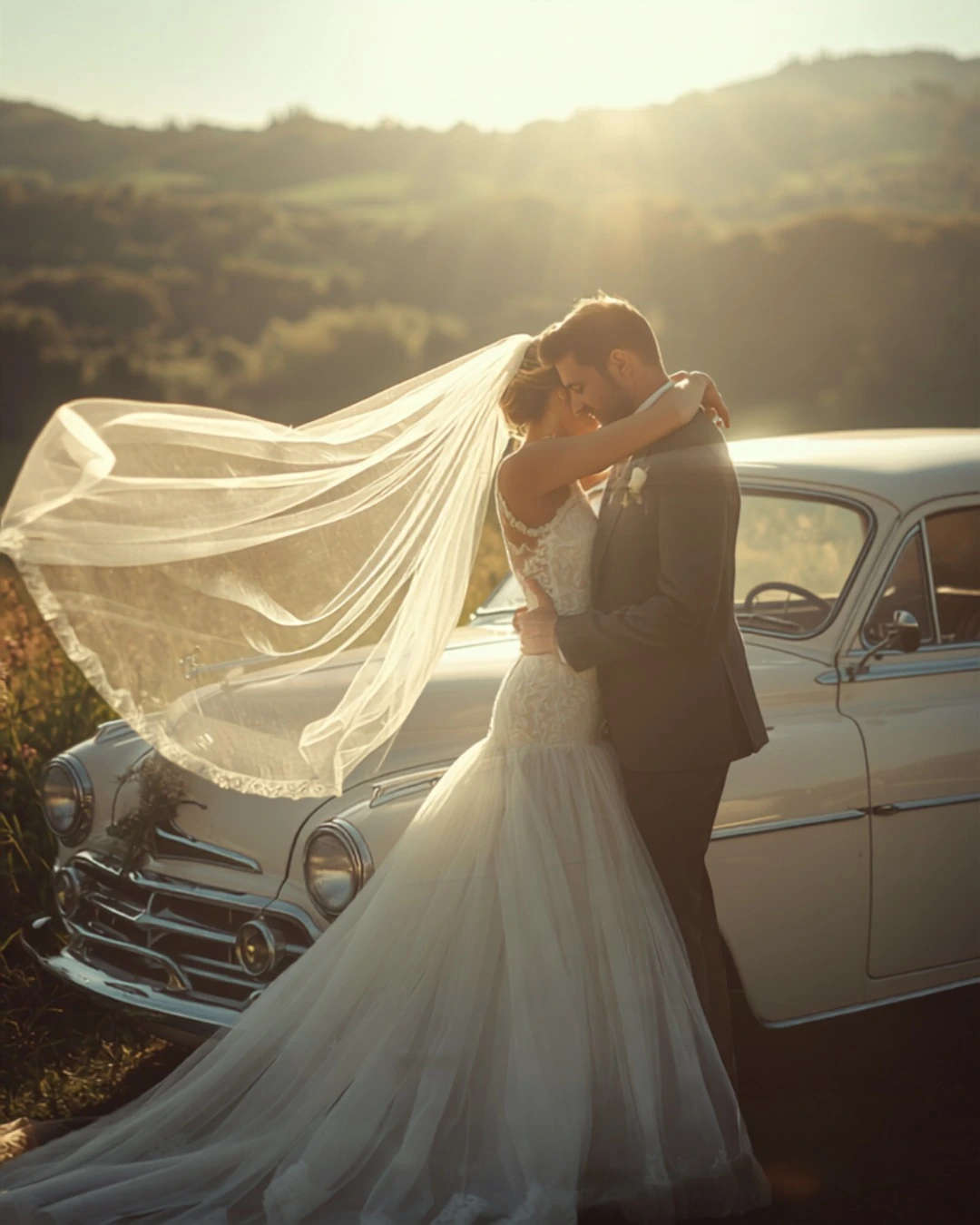 Pose-Idee: Brautpaar am Hochzeitsauto