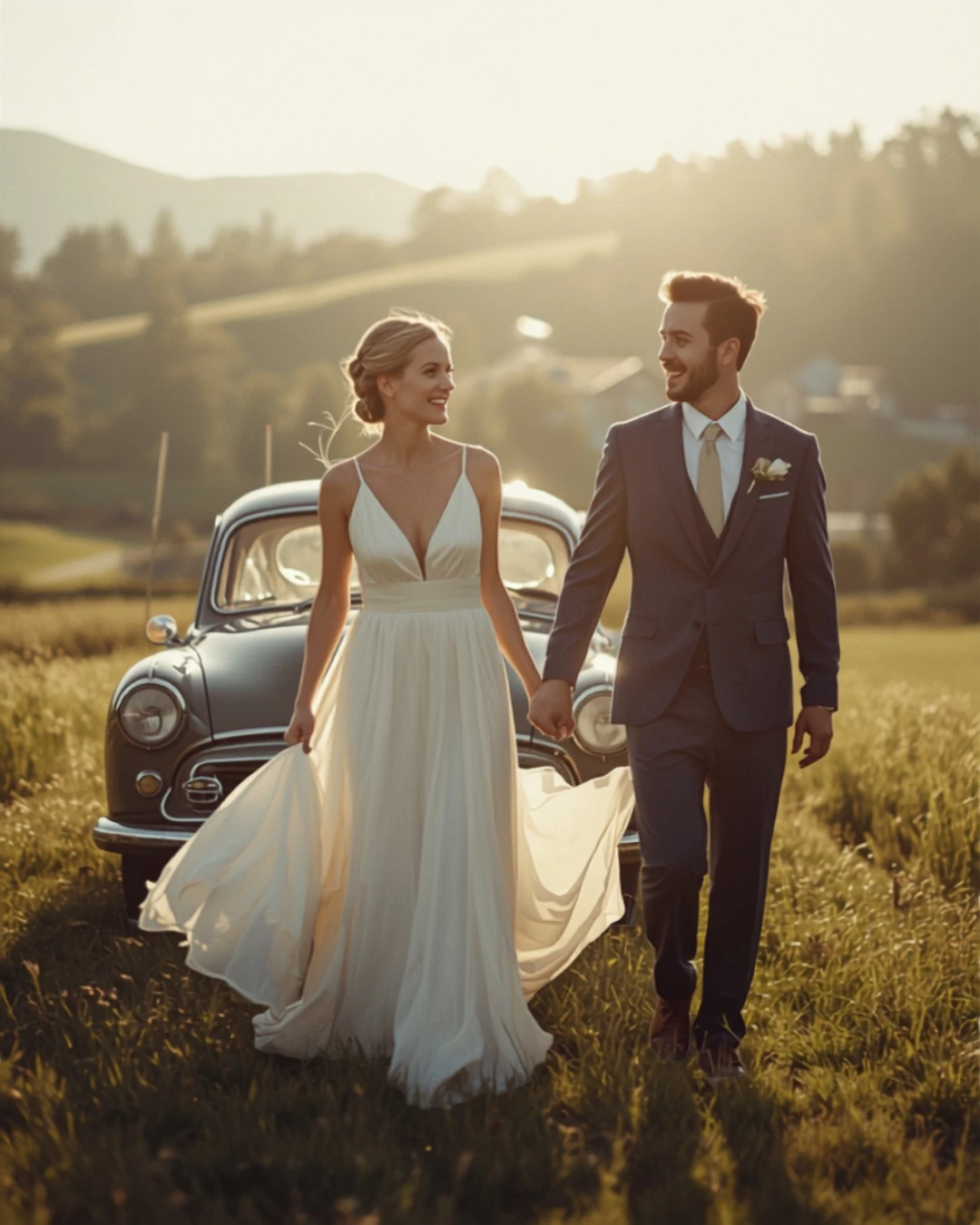 Pose-Idee: Brautpaar am Hochzeitsauto