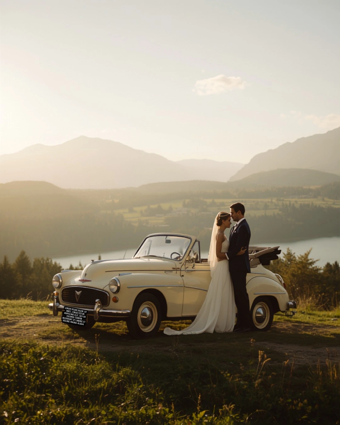Pose-Idee: Brautpaar am Hochzeitsauto