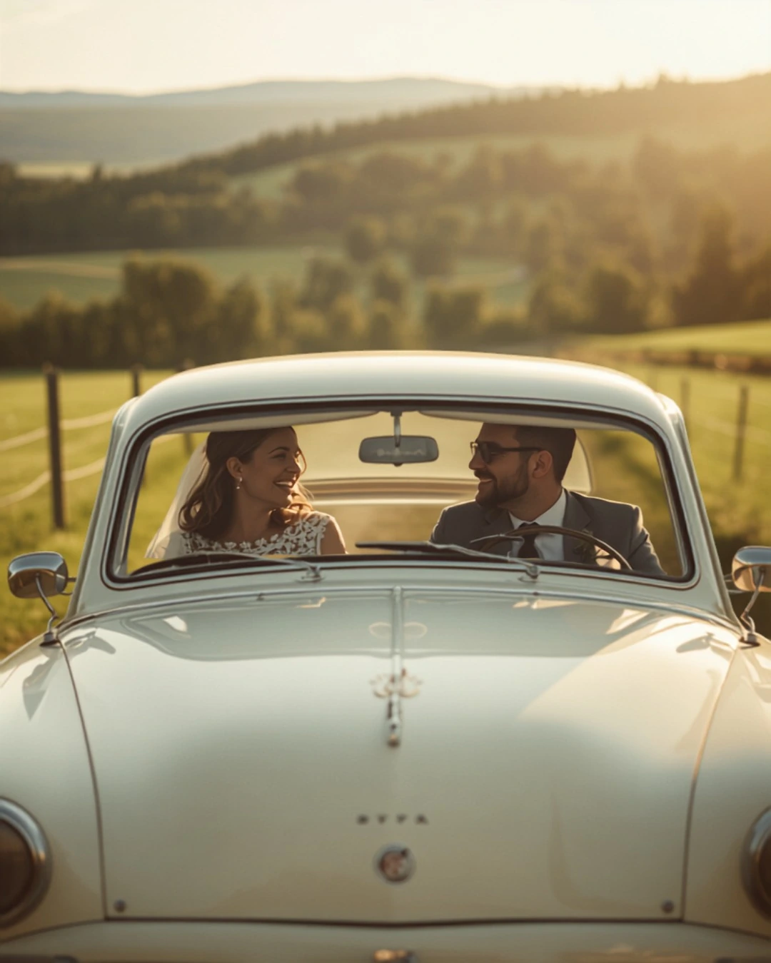 Pose-Idee: Brautpaar am Hochzeitsauto