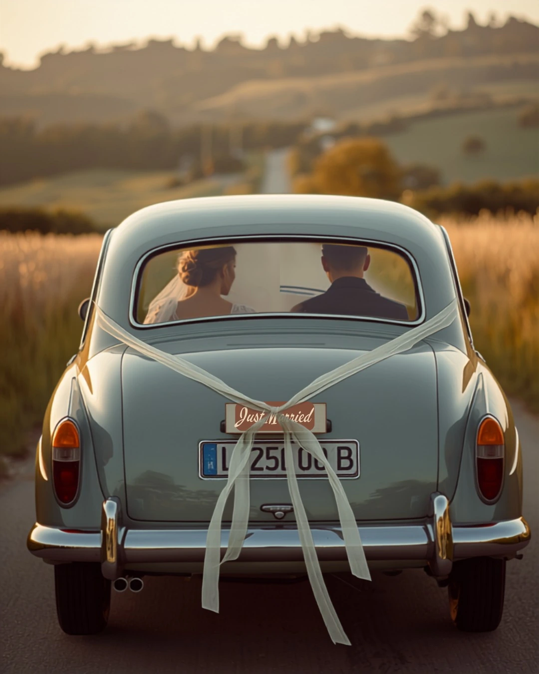 Pose-Idee: Brautpaar am Hochzeitsauto