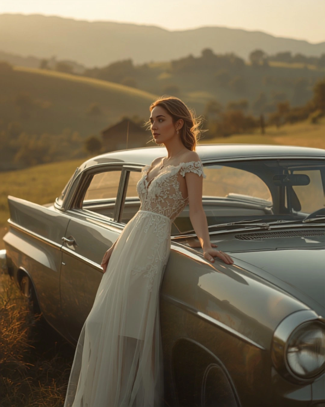 Pose-Idee: Brautpaar am Hochzeitsauto
