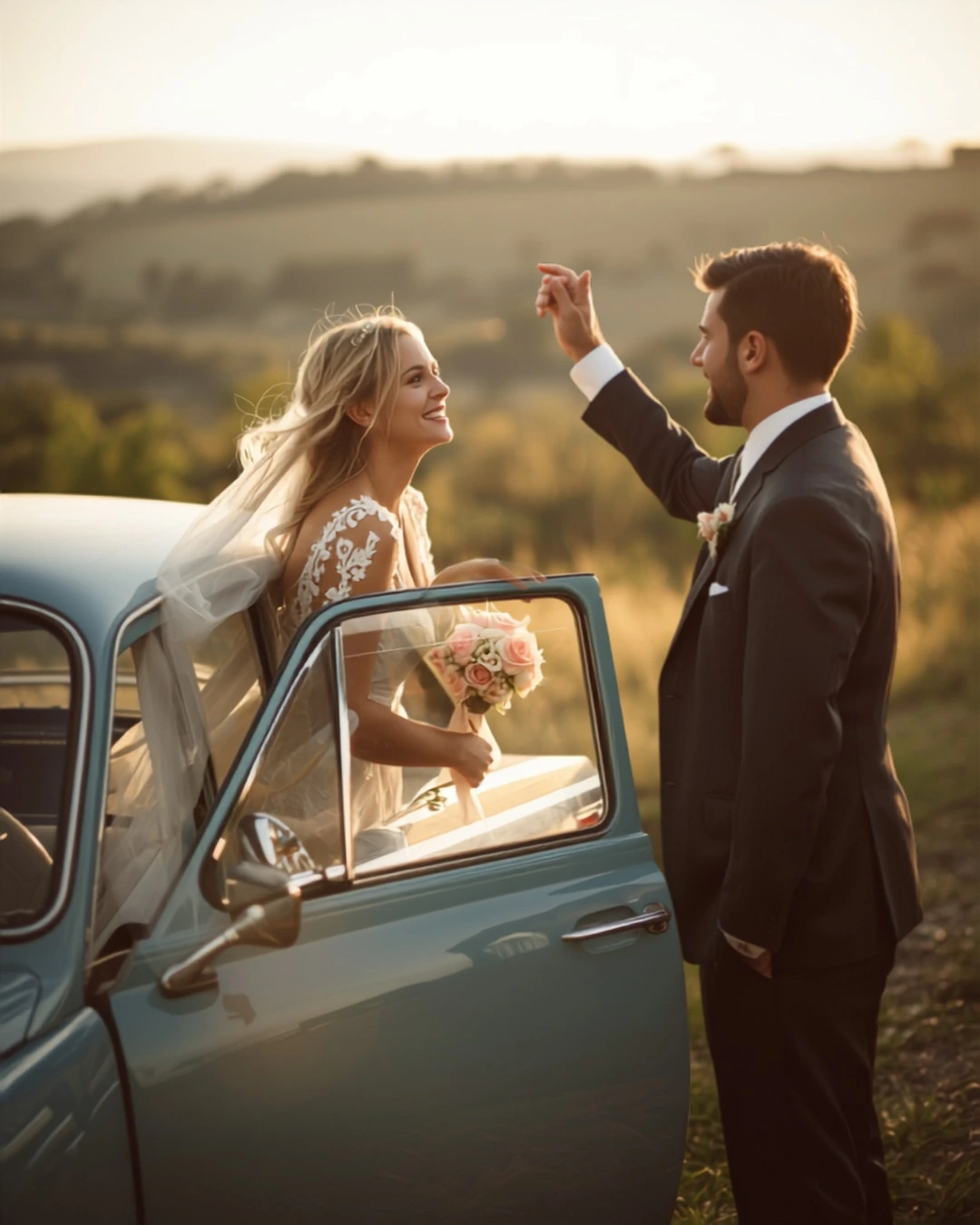 Pose-Idee: Brautpaar am Hochzeitsauto