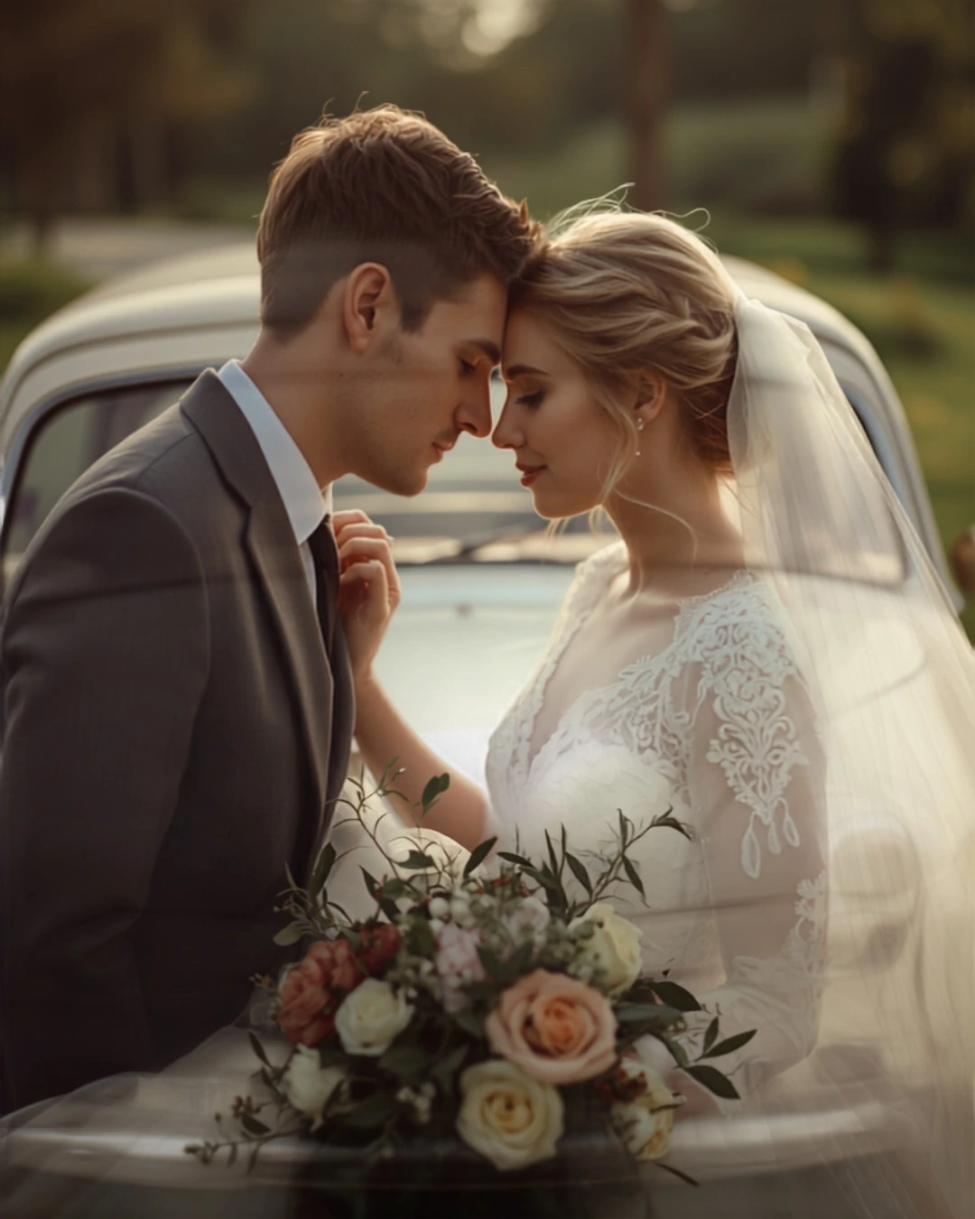 Pose-Idee: Brautpaar am Hochzeitsauto