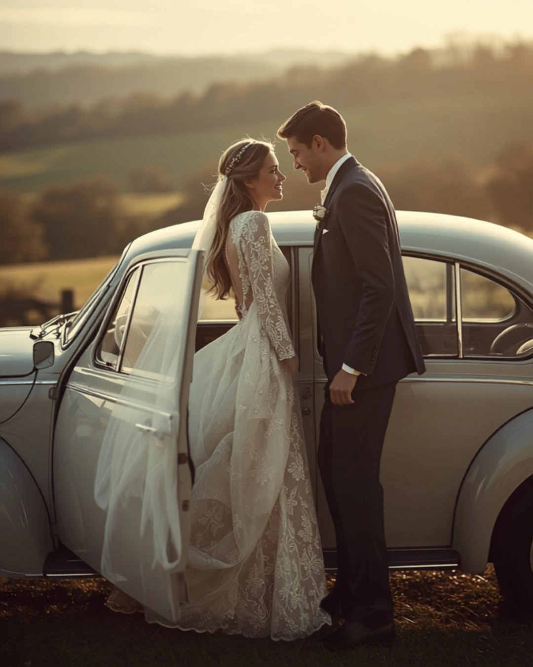 Pose-Idee: Brautpaar am Hochzeitsauto