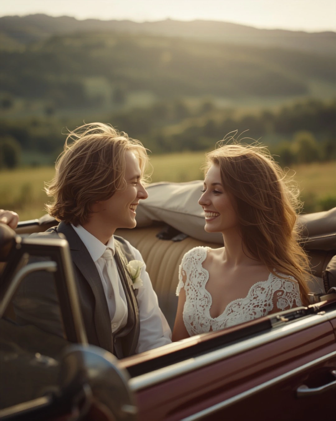Pose-Idee: Brautpaar am Hochzeitsauto
