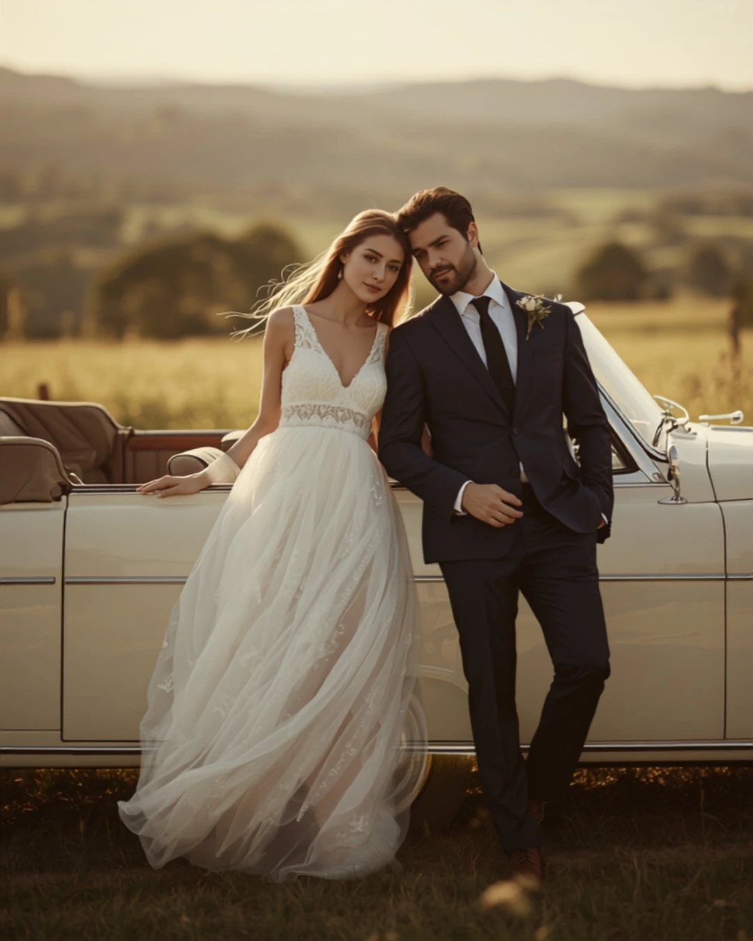 Pose-Idee: Brautpaar am Hochzeitsauto