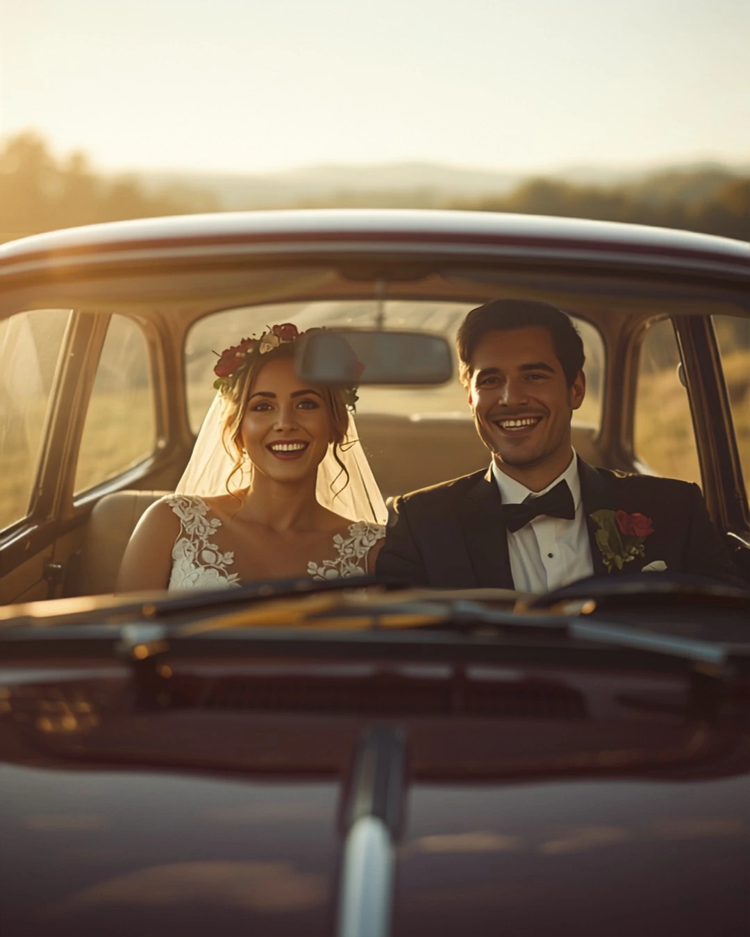 Pose-Idee: Brautpaar am Hochzeitsauto