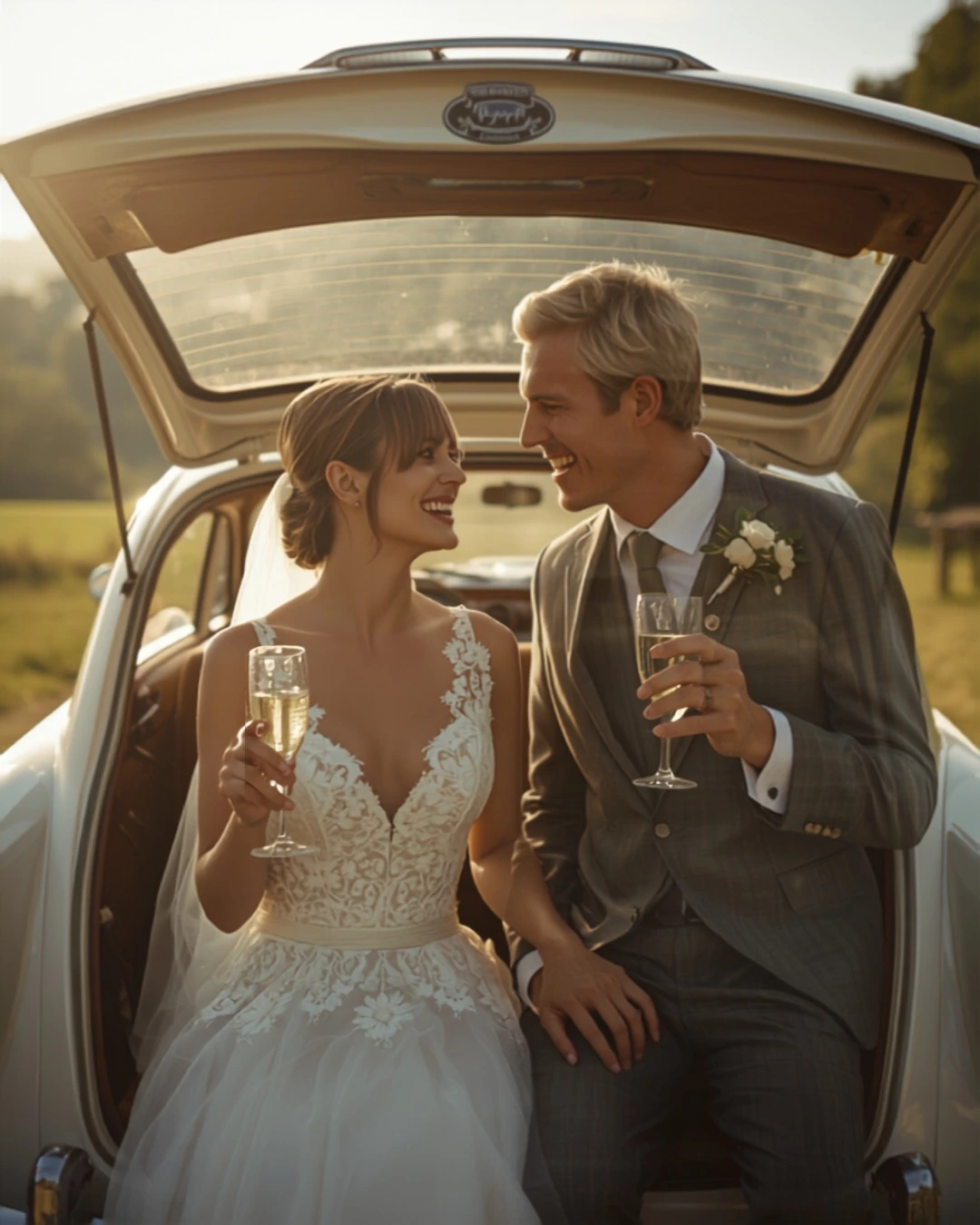 Pose-Idee: Brautpaar am Hochzeitsauto