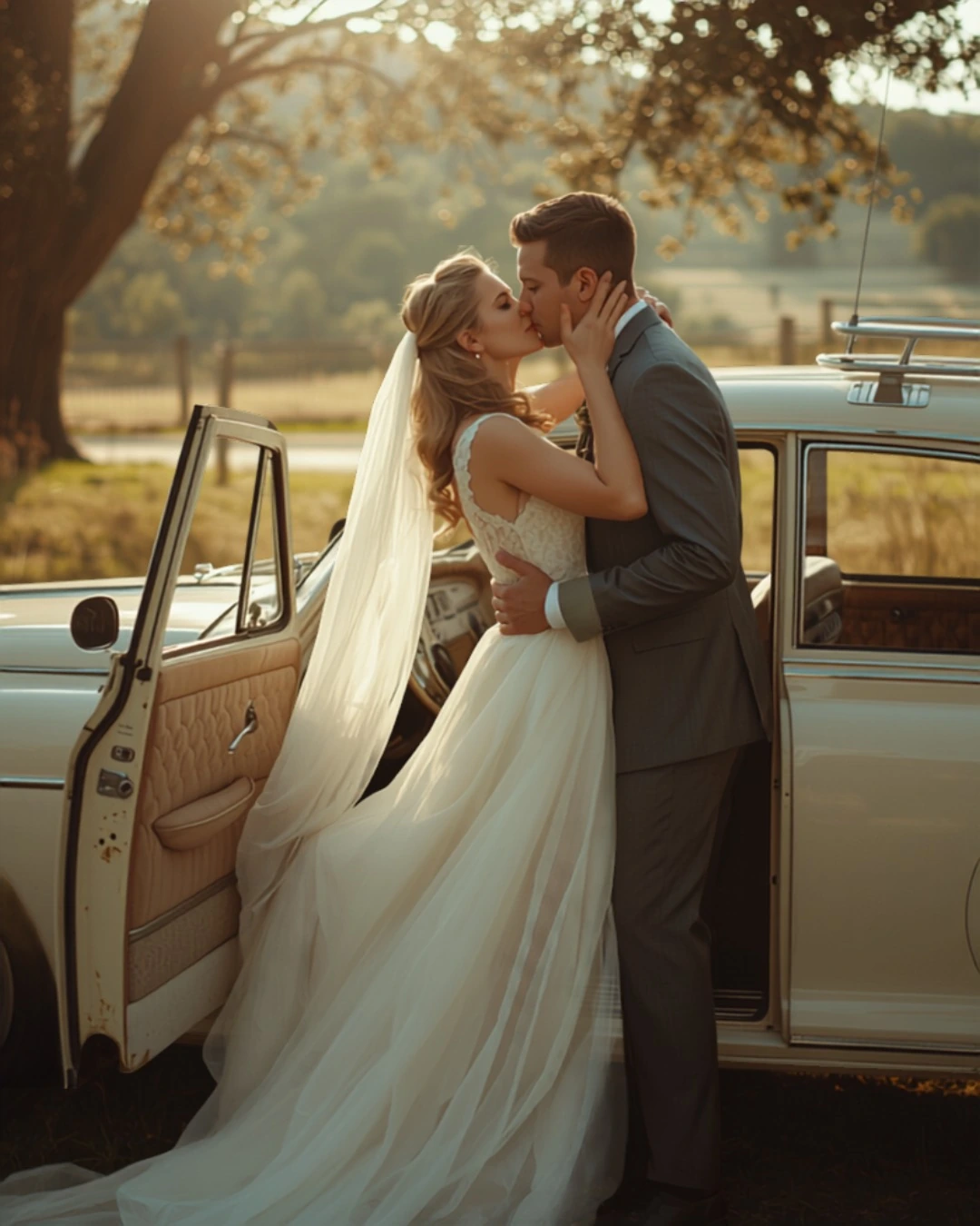 Pose-Idee: Brautpaar am Hochzeitsauto